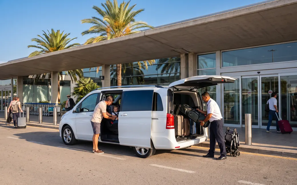 Van blanca con el maletero lleno de equipaje ante la entrada de una terminal